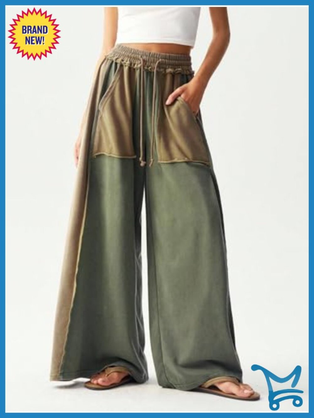 Colorblock Wide Leg Baggy Sweatpants High Rise Drawstring Palazzo Pants - Picture 4 of 6